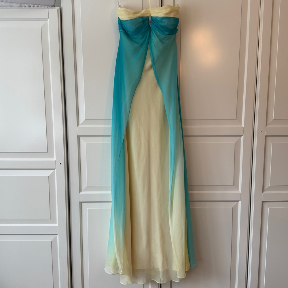Vintage Y2K Betsy & Adam Strapless Blue and yellow ombré chiffon gown - size 4/6